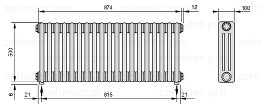 Схема (чертеж) Радиатор Zehnder Charleston 3050/19 №5310 Белый глянцевый RAL 9016